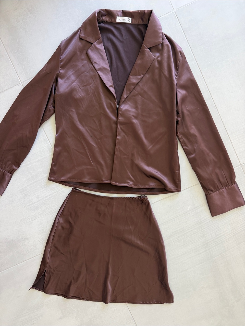 Brown Satin Two-Piece Skirt Set - Relaxed Blazer & Mini Skirt